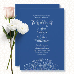 Minimalist Blue White Floral Photo QR Code Wedding Invitation