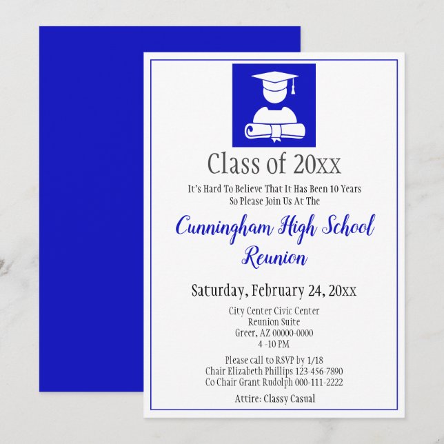 Minimalist Blue White High School Class Reunion Invitation (Front/Back)