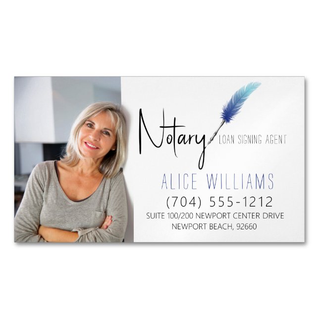 Minimalist Blue & White Notary Photo Magnetic Business Card (Front)