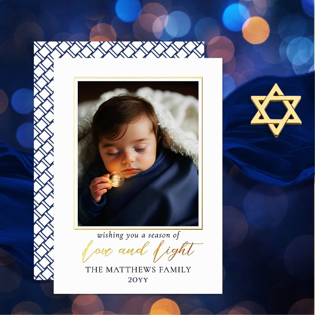 Minimalist Blue White Photo Love | Light Hanukkah Foil Holiday Card (Wishing your family a season of "Love and Light" Simple Minimalist Hanukkah Foil Holiday Card)