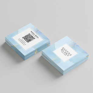 Minimalist Blue & White Square Style + QR Code Square Business Card