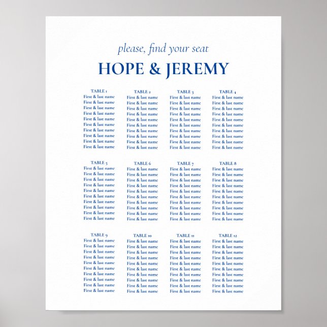 Minimalist Blue White Wedding Seating Chart (Front)