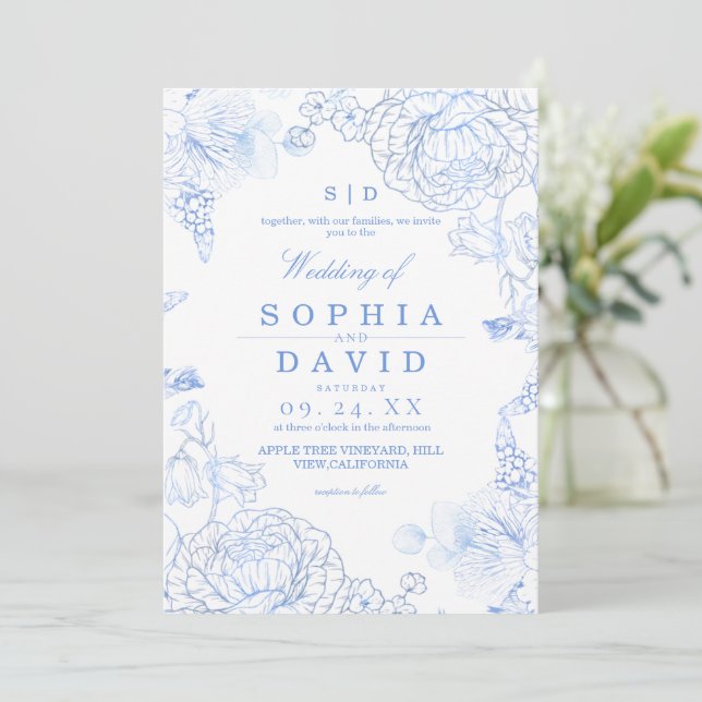 Minimalist Blue WildFlower Rustic Wedding  Invitation (Standing Front)