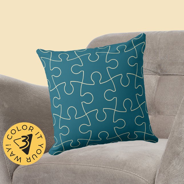 Minimalist Blue & Yellow Jig Saw Puzzle Pattern Cushion (Minimalist Blue & Yellow Jig Saw Puzzle Pattern Throw Pillow)