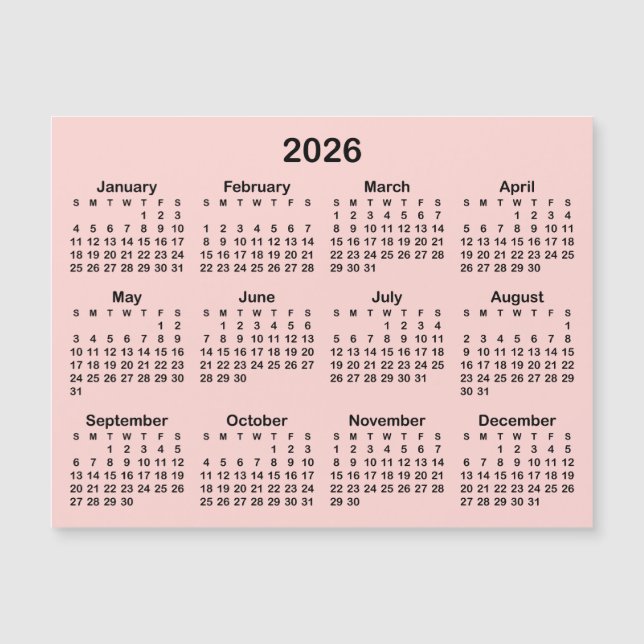 Minimalist Blush and Black 2026 Magnetic Calendar (Front)
