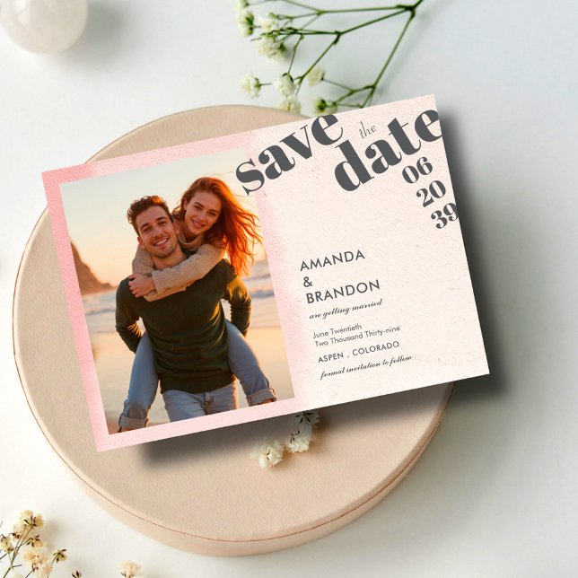 Minimalist Blush & Bloom Bold Script Wedding Photo Save The Date (Creator Uploaded)