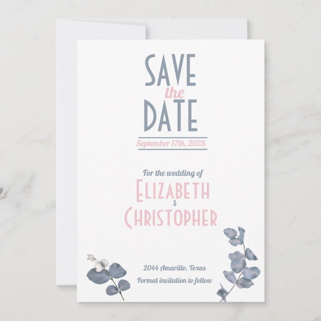Minimalist Blush Blue Pink Floral Wedding Save The Date (Front)