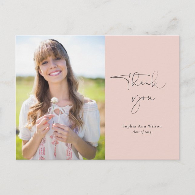 Minimalist Blush Graduation Thank You with Photo Postcard (Front)