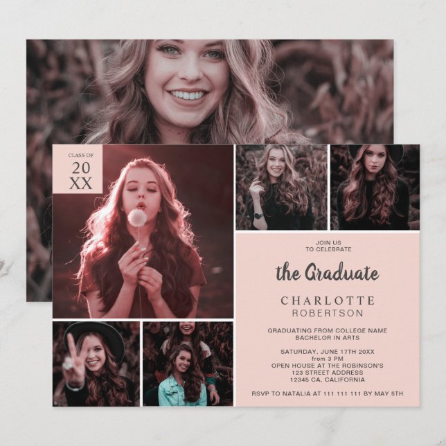 Minimalist blush pink 6 photos collage graduation invitation (Front/Back)