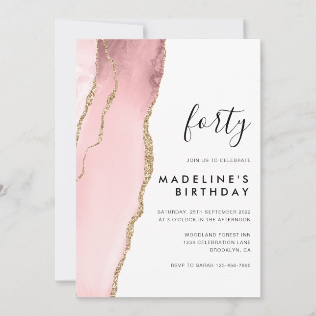 Minimalist Blush Pink Agate Geode 40th Birthday Invitation (Front)