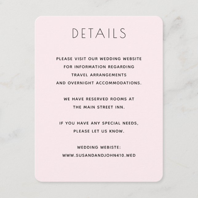 Minimalist Blush Pink and Navy Elegant Wedding Enclosure Card (Front)