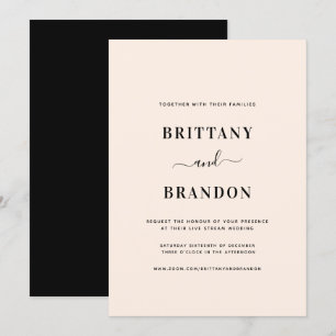 Minimalist Blush Pink Black Live Stream Wedding Invitation