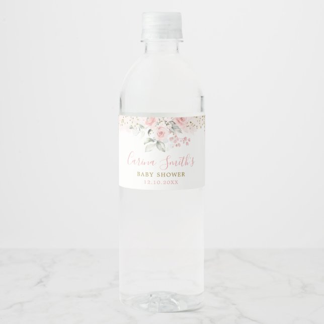 Minimalist Blush Pink Floral Roses Baby Shower Water Bottle Label (Front)
