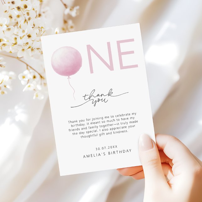 Minimalist Blush Pink Girls 1st Birthday Thank You Card (Creator Uploaded)