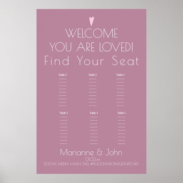 Minimalist Blush Pink Heart Wedding Seating Chart (Front)