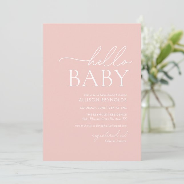 Minimalist Blush Pink Hello Baby Shower Invitation (Standing Front)