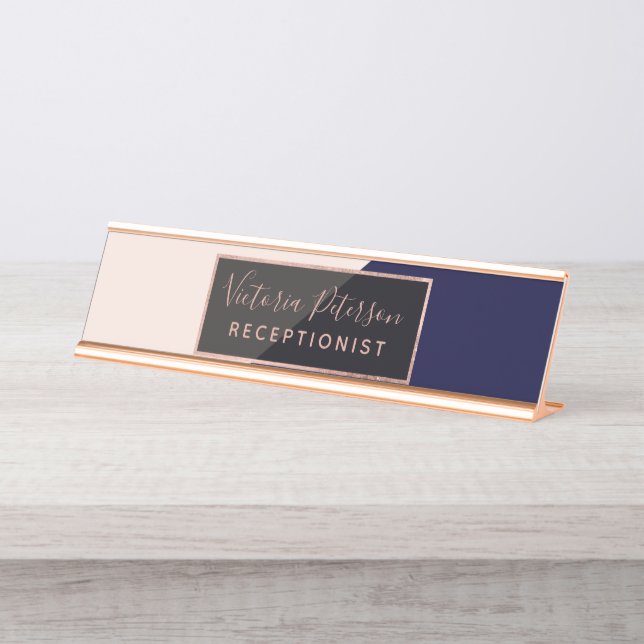Minimalist blush pink navy blue colour block desk name plate (Front)