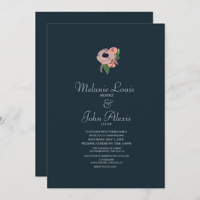 Minimalist Blush Pink Rose Floral Botany Wedding Invitation (Front/Back)