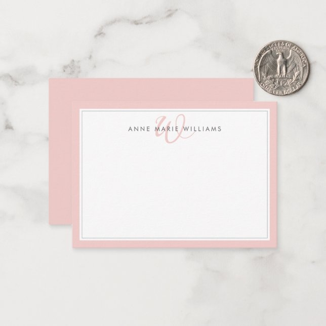 Minimalist Blush Pink Two Border Monogram Card (Front/Back In Situ)