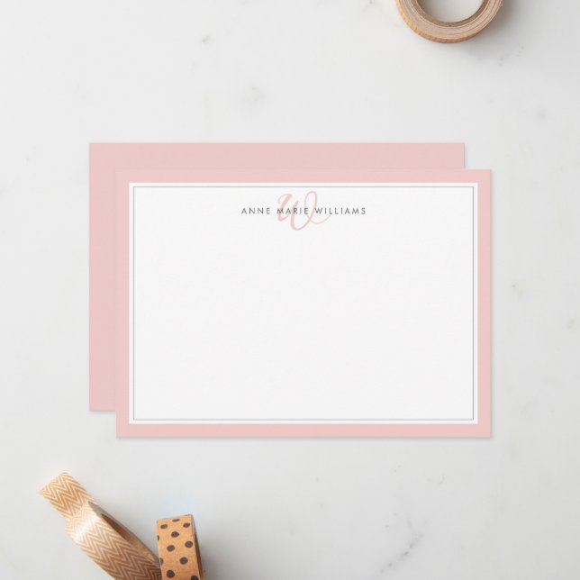 Minimalist Blush Pink Two Border Monogram Card (Front/Back In Situ)
