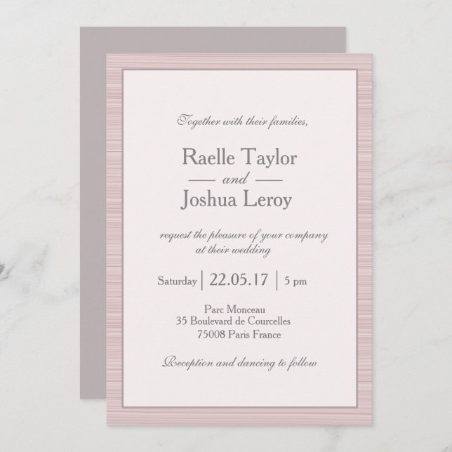 Minimalist blush pink white grey stripes wedding invitation (Front/Back)