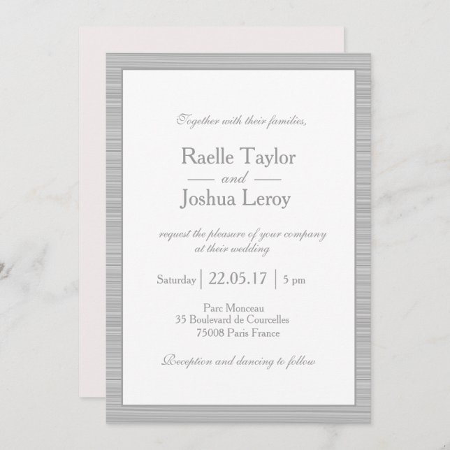 Minimalist blush pink white grey stripes wedding invitation (Front/Back)