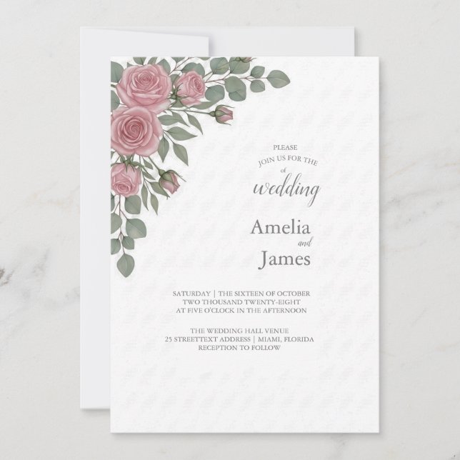 Minimalist Blush Rose and Eucalyptus Wedding Invit Invitation (Front)