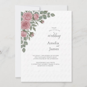Minimalist Blush Rose and Eucalyptus Wedding Invit Invitation