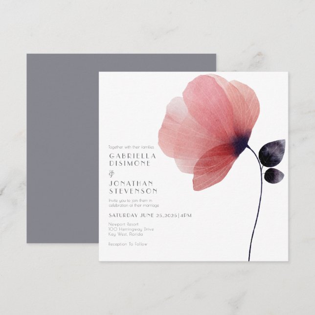 Minimalist Blush Watercolor Poppy Grey Wedding Invitation (Front/Back)