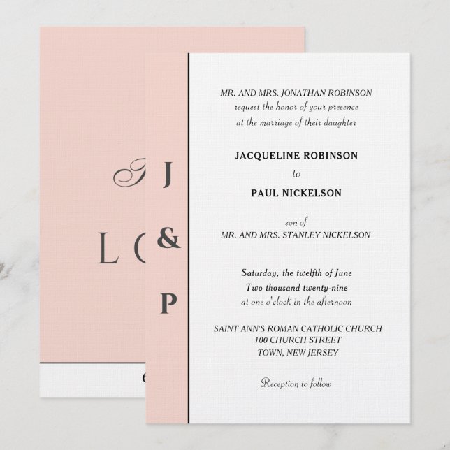 Minimalist Blush White Monogram  Invitation (Front/Back)