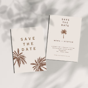 Minimalist bohemian beige palm tree wedding save the date