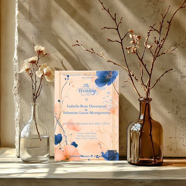 Minimalist Bohemian Peach and Royal Blue Wedding  Invitation (Creator Uploaded)