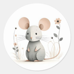 Minimalist Boho Adorable Mouse with Flowers Classic Round Sticker