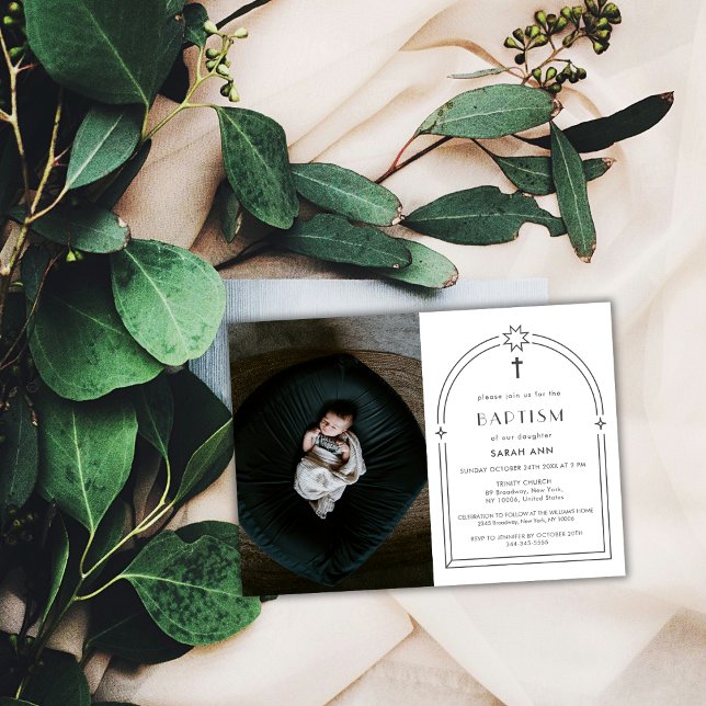 Minimalist Boho Arch Photo Cross Baptism  Invitation (Minimalist Boho Arch Photo Cross Baptism Invitation)