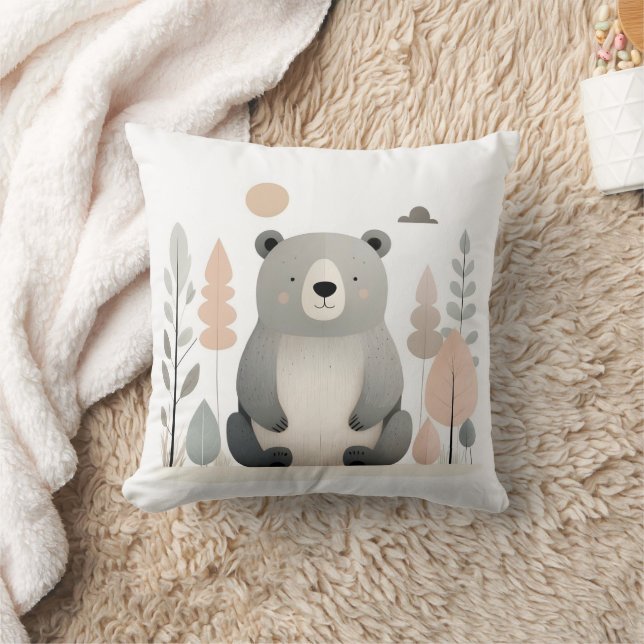 Minimalist Boho Bear Woods Cute Nursery Kids Room  Cushion (Blanket)