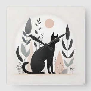 Minimalist Boho Black Cat Forest Nursery Kid Room Square Wall Clock