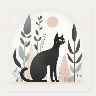 Minimalist Boho Black Cat in a Forest Plants  Square Sticker