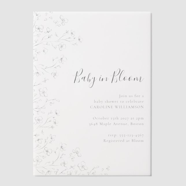 Minimalist Boho Black White Floral Art Baby Shower Vellum Invitations (Front)