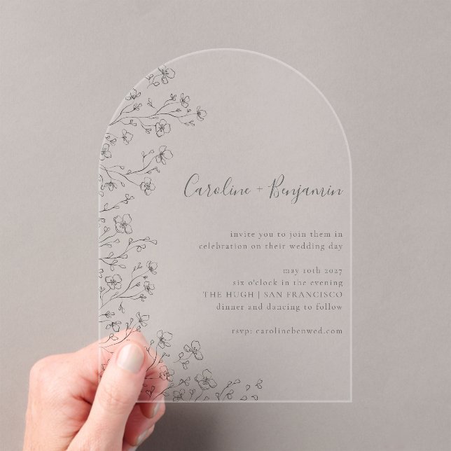 Minimalist Boho Black White Floral Art Wedding Acrylic Invitations (Insitu (Handheld))
