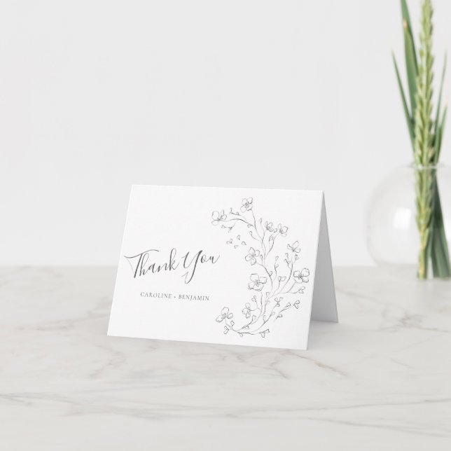 Minimalist Boho Black White Floral Art Wedding Thank You Card (Front)