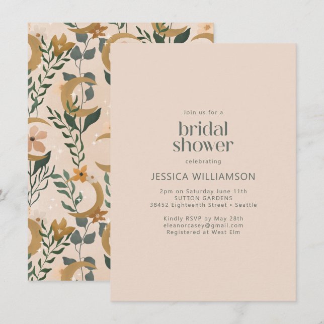 Minimalist Boho Blush Floral Moon Bridal Shower Invitation (Front/Back)