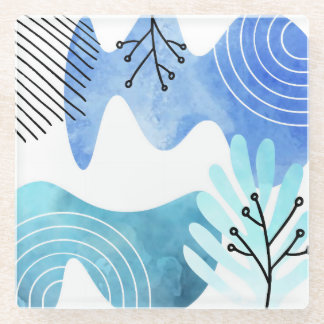 Minimalist Boho Botanical Leaves Lines Art Glass Coaster