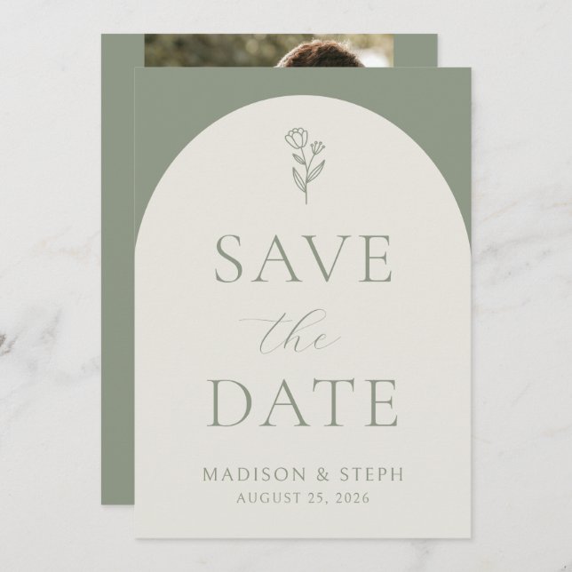 Minimalist Boho Botanical Sage Green Wedding Save The Date (Front/Back)