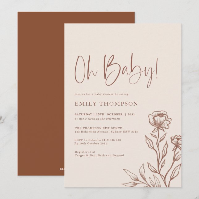 Minimalist Boho Botanical Terracotta Baby Shower Invitation (Front/Back)