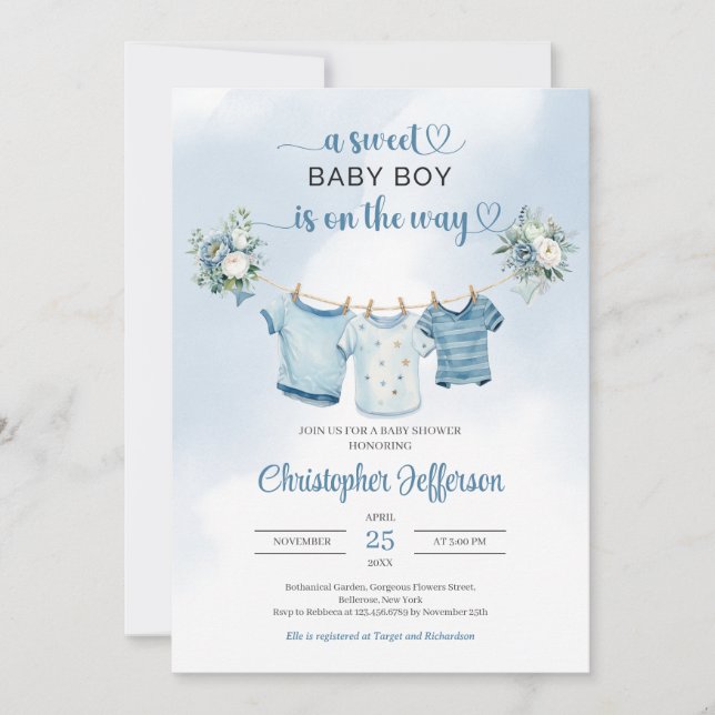 Minimalist Boho Boy Baby Shower Nursery Clothes Invitation (Front)