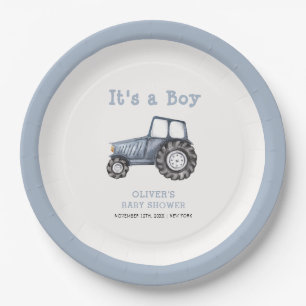 Minimalist Boho Boy Watercolor Tractor Baby Shower Paper Plate