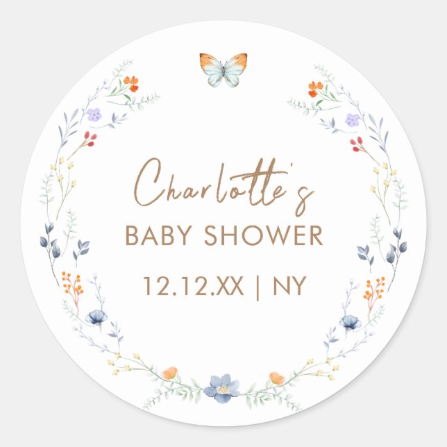 Minimalist Boho Butterfly Wildflower Baby Shower  Classic Round Sticker (Front)