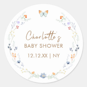 Minimalist Boho Butterfly Wildflower Baby Shower  Classic Round Sticker