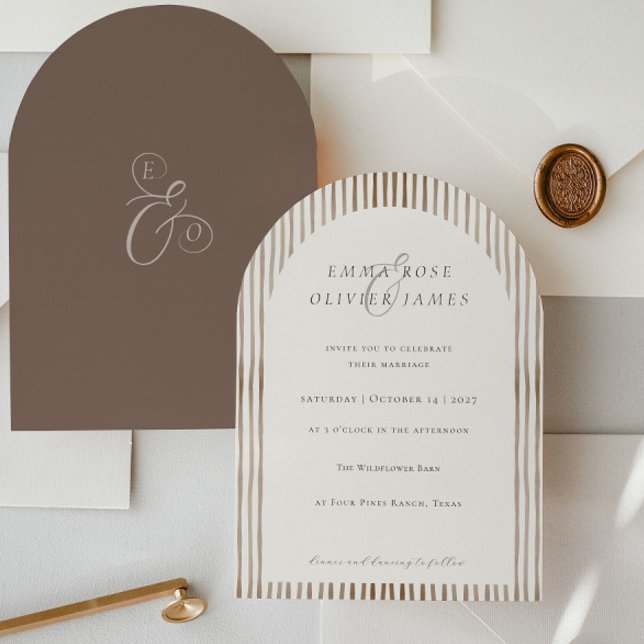 Minimalist Boho Cocoa Brown Stripes Ivory Wedding Invitation (Creator Uploaded)