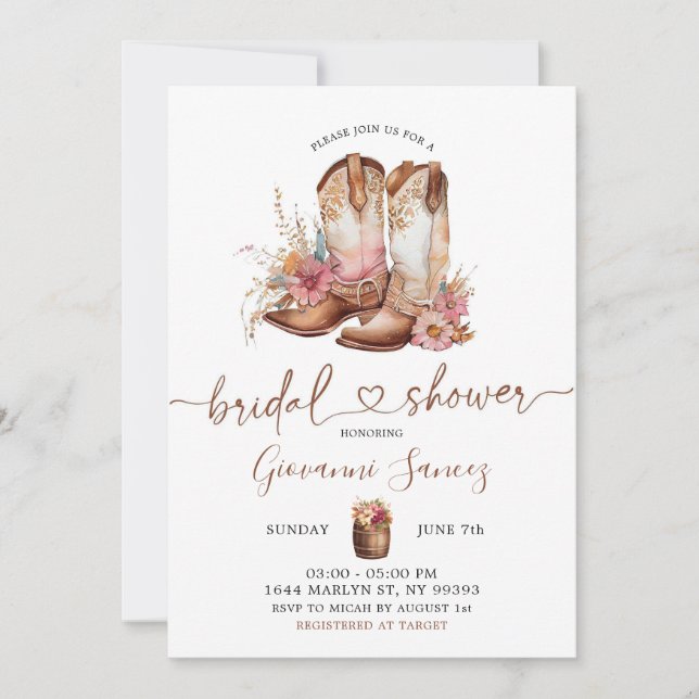 Minimalist Boho Cowboy Boots Bridal Shower Invitation (Front)